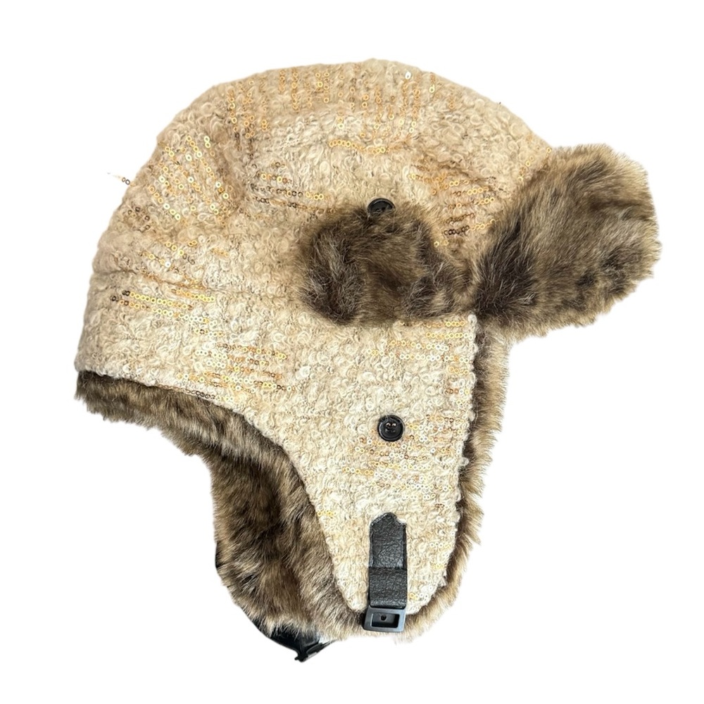 Mudd Juniors Faux Fur Tan Sequins Trapper Hat Snap Closure Chin Strap - Picture 2 of 11